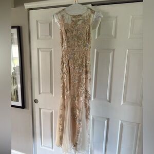 Alex Evenings Floral Embroidered Dress in Beige and White with clutch and scarf